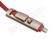 Cable de datos rojo enrollado con salida lightning y micro USB